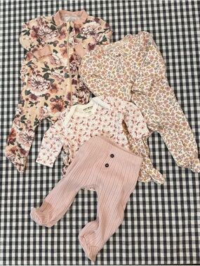 Baby Girl Floral Dusty Pink Footie Bundle Milkberry, Rabbit & Bear, & Carters